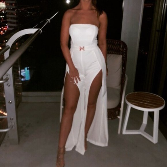 Meshki Pants - MESHKI Livia Split Leg White Strapless Jumpsuit NWT